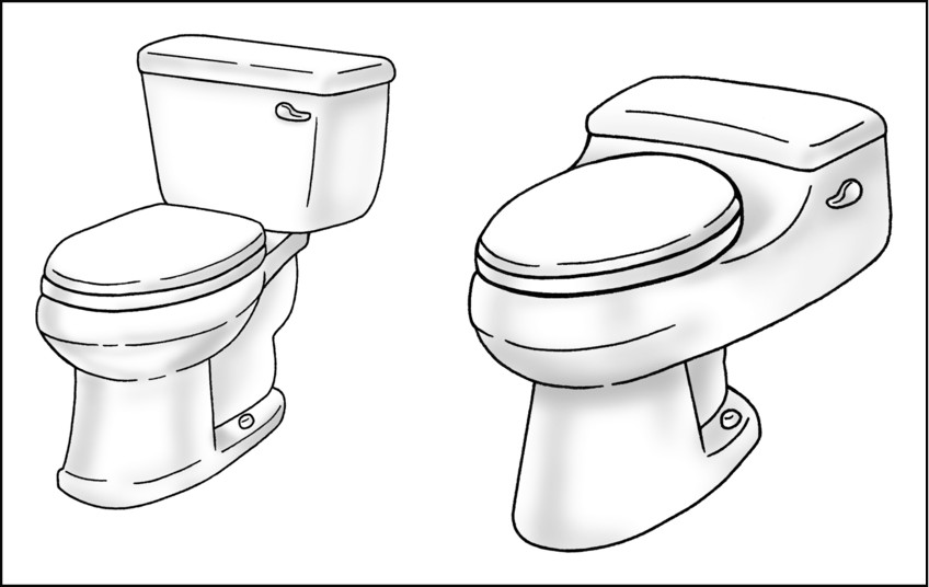 Figure 5-1: Notice the differences between a two-piece toilet (L) and a one-piece toilet (R).